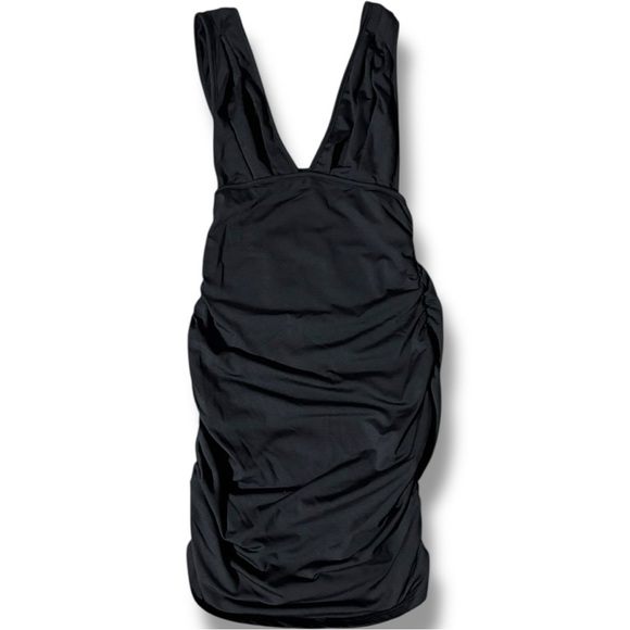 Unbranded Stretchy and Rouched on Sides Stylish Black V-Neck Bodycon Dress - Picture 11 of 16